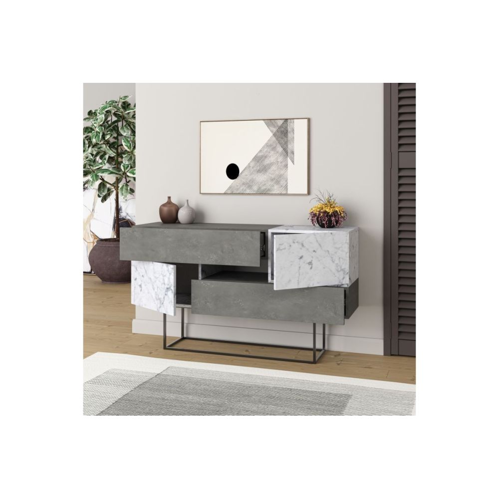 Buffet Moderno con Acabado en Mármol Gris Antiguo y Blanco, 145x40x82 cm, Patas Metálicas