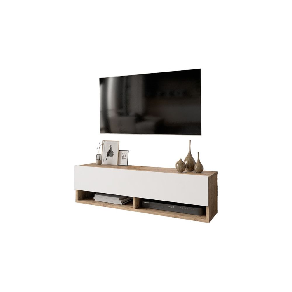 Mueble TV Moderno con 1 Puerta y Estantes en Melamina Color Cambria y Blanco - 100x31.5x29.6cm