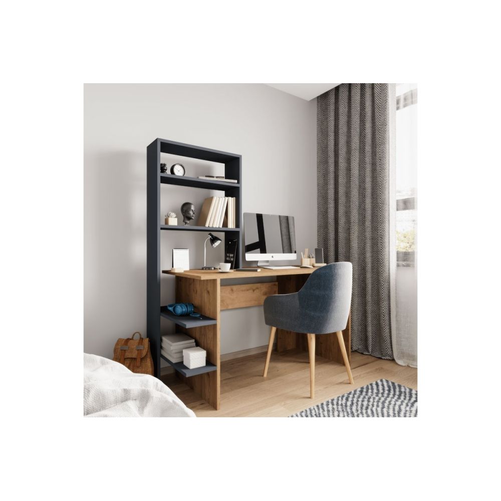 Mesa de Estudio-Librería en Melamina Roble-Gris Oscuro