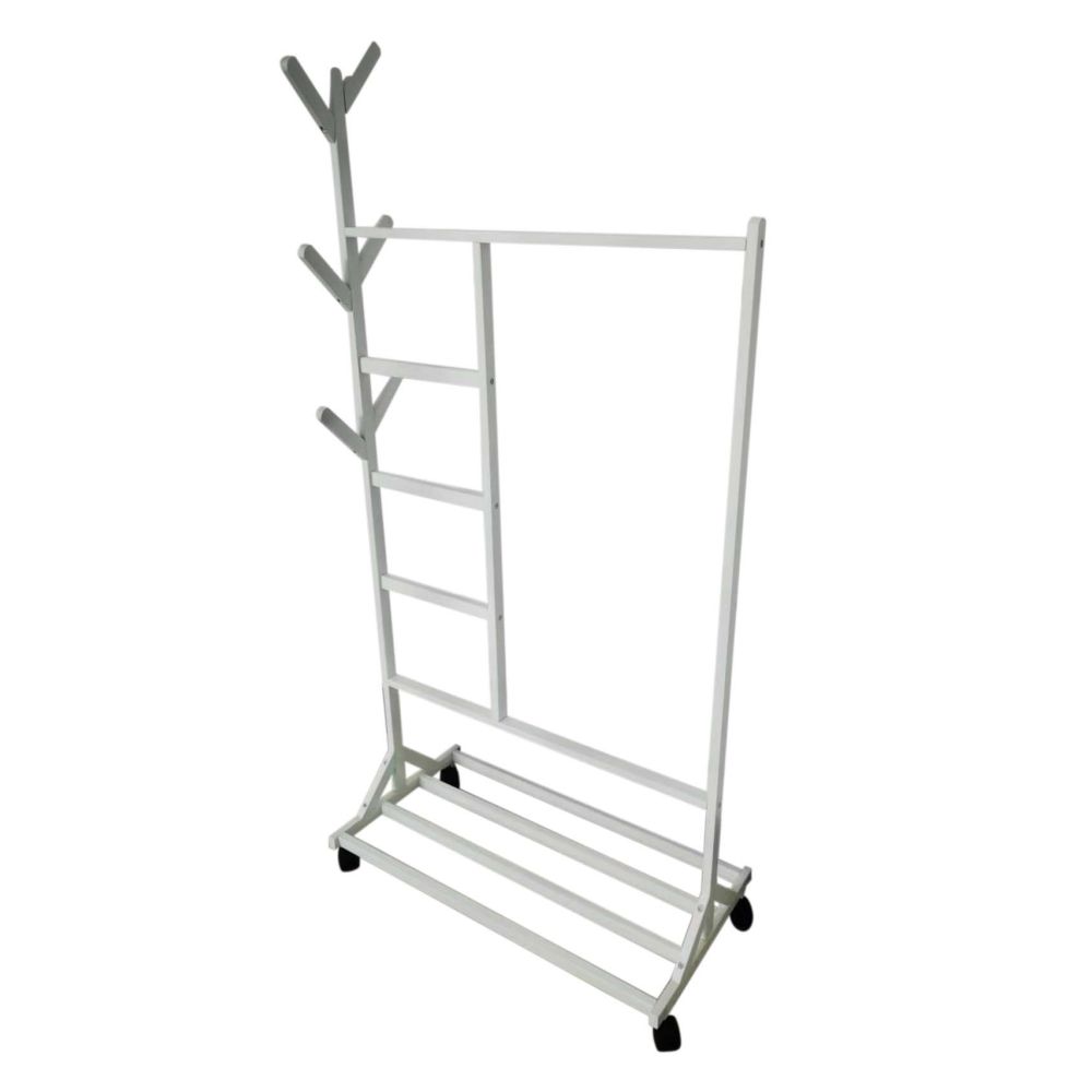 Perchero colgador multiusos con ruedas,  portatil, madera maciza color blanco