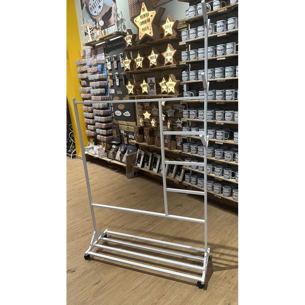 Perchero colgador multiusos con ruedas,  portatil, madera maciza color blanco