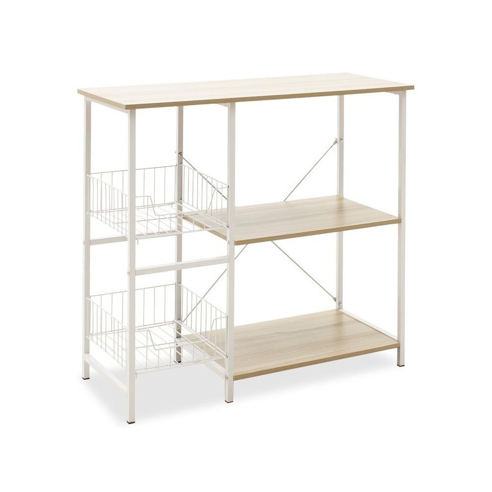 Estanteria de Cocina con 2 Cestas de Malla Metálica Blanca, 3 Estantes y Ganchos 80x34x75cm Color Madera y Blanco