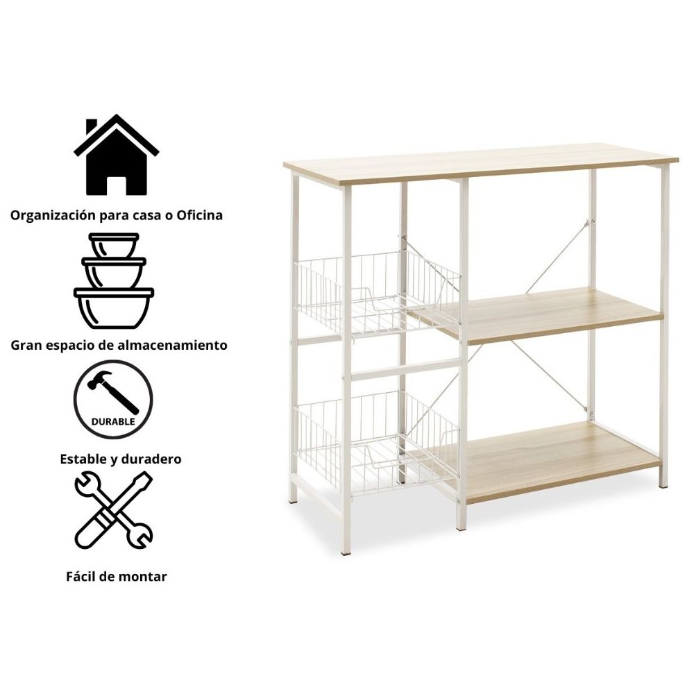 Estanteria de Cocina con 2 Cestas de Malla Metálica Blanca, 3 Estantes y Ganchos 80x34x75cm Color Madera y Blanco