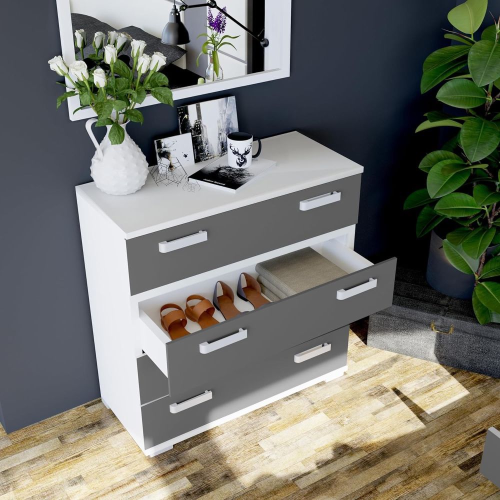 Comoda 4 Cajones, Color Blanco y Grafito, Medidas: 89 cm (Largo) x 89,6 cm (Alto) x 39,6 cm de (Fondo) Meyvaser