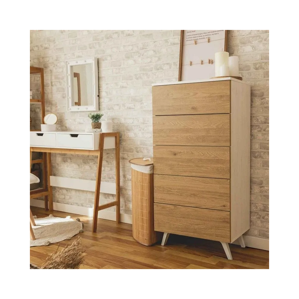 Meyvaser - Sinfonier con 5 Cajones y con Patas, Comoda Cajonera, Color Roble y blanco, 60cm (Anc) x 118,5cm (Al) x 37,8cm (Fon)