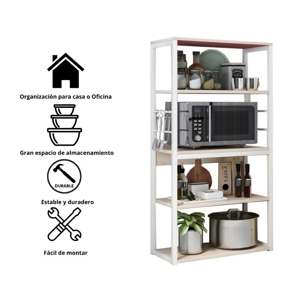 Estantería de Cocina Alta con Marco de Metal Blanco, Estante para microondas 50x30x130 Cm Color Natural y Blanco