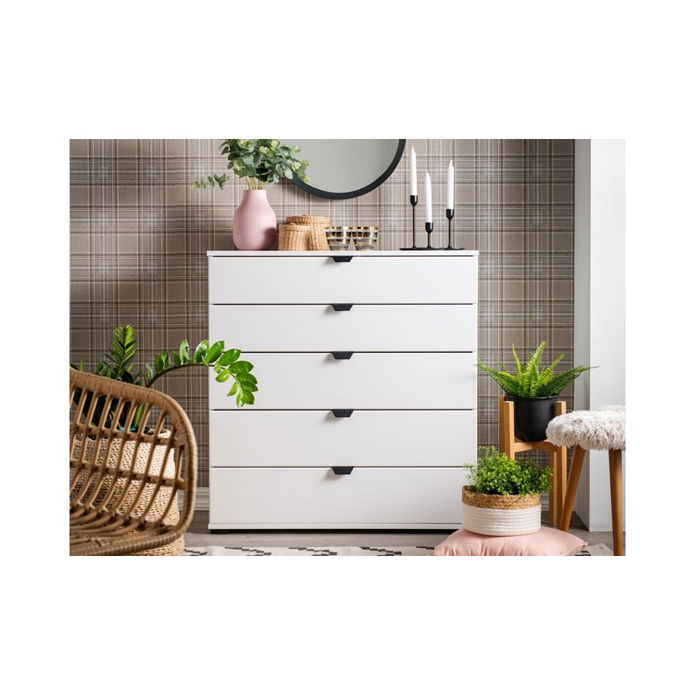 Cómoda de 5 Cajones para Dormitorio en Blanco, Gran Espacio Almacenamiento, Estilo Moderno, 90x40x95 cm