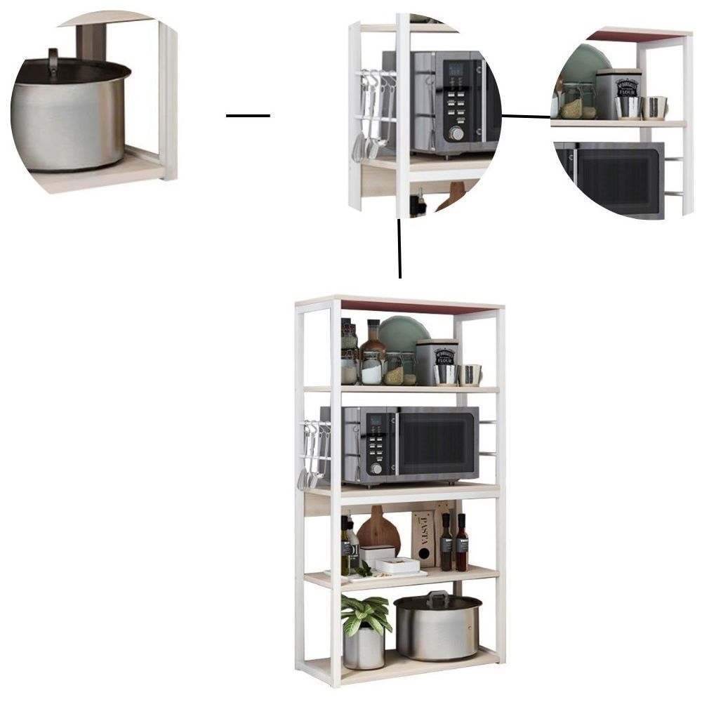 Estantería de Cocina Alta con Marco de Metal Blanco, Estante para microondas 50x30x130 Cm Color Natural y Blanco