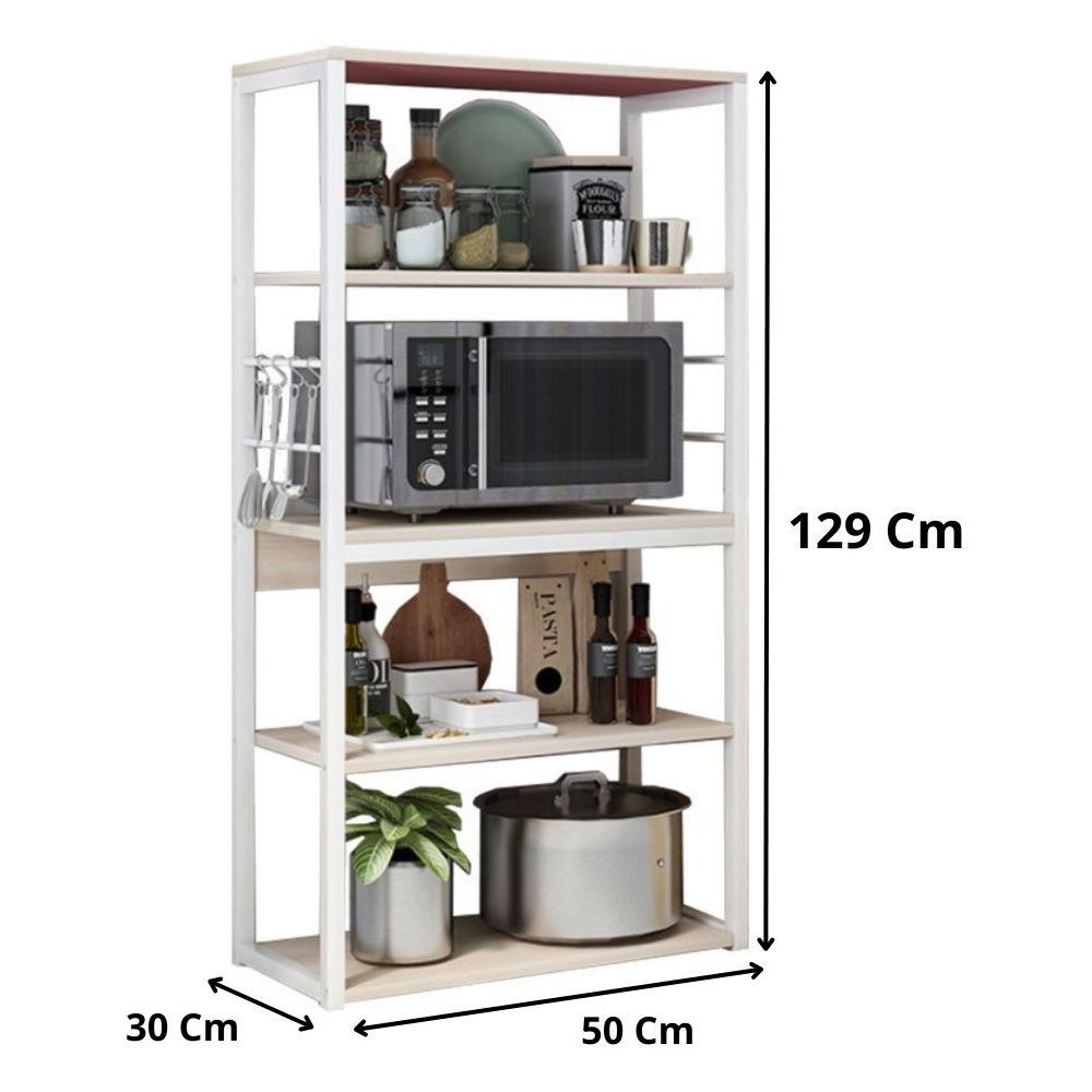 Estantería de Cocina Alta con Marco de Metal Blanco, Estante para microondas 50x30x130 Cm Color Natural y Blanco