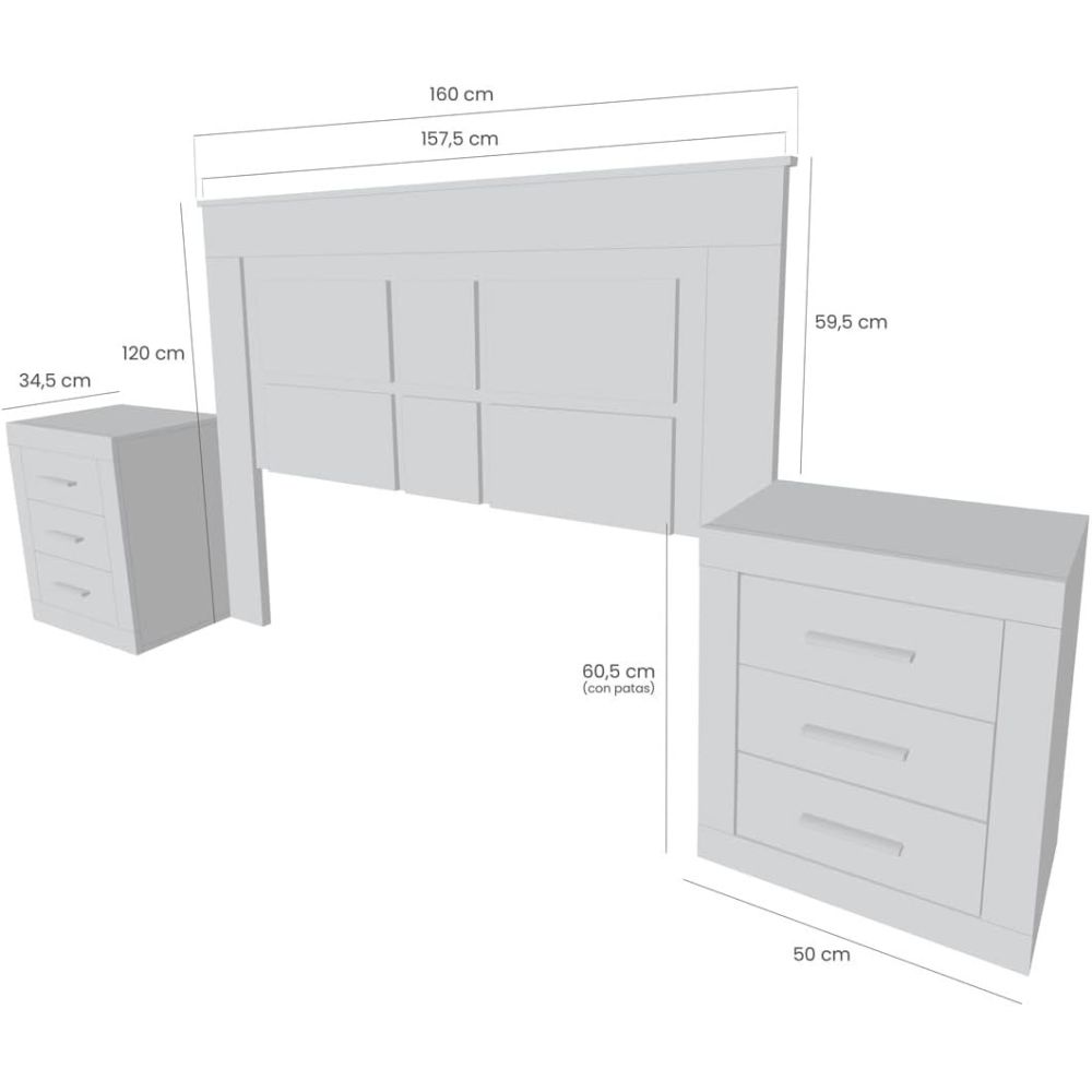 BricoExpo - Pack Cabecero de 160 x 120 cm + 2 Mesitas de Noche | Color Cambria y Grafito (para Cama de 135-140 o 160)