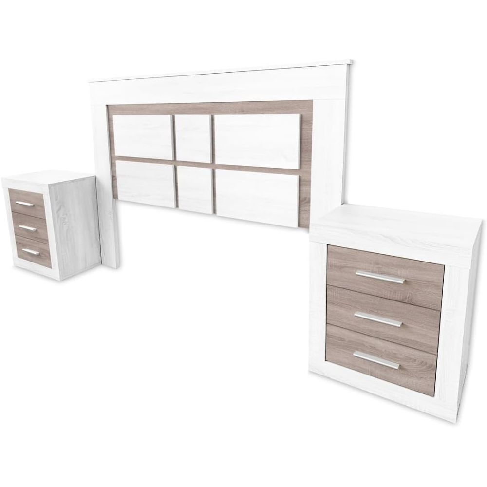Pack Cabecero de 160 x 120 cm + 2 Mesitas de Noche, Colores Andersen y Pino Gris (para Cama de 135-140 o 160) – Meyvaser