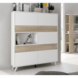 Conjunto de Salón Mueble Completo: Bajo TV, Vitrina, Estantería Decorativa y 2 Estantes - Estilo Roble y Blanco.