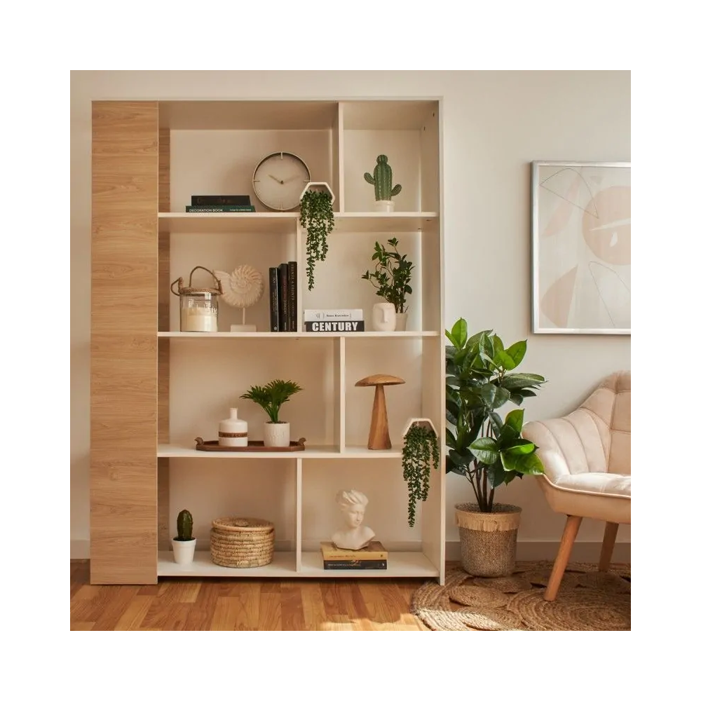 Conjunto de Salón Mueble Completo: Bajo TV, Vitrina, Estantería Decorativa y 2 Estantes - Estilo Roble y Blanco.