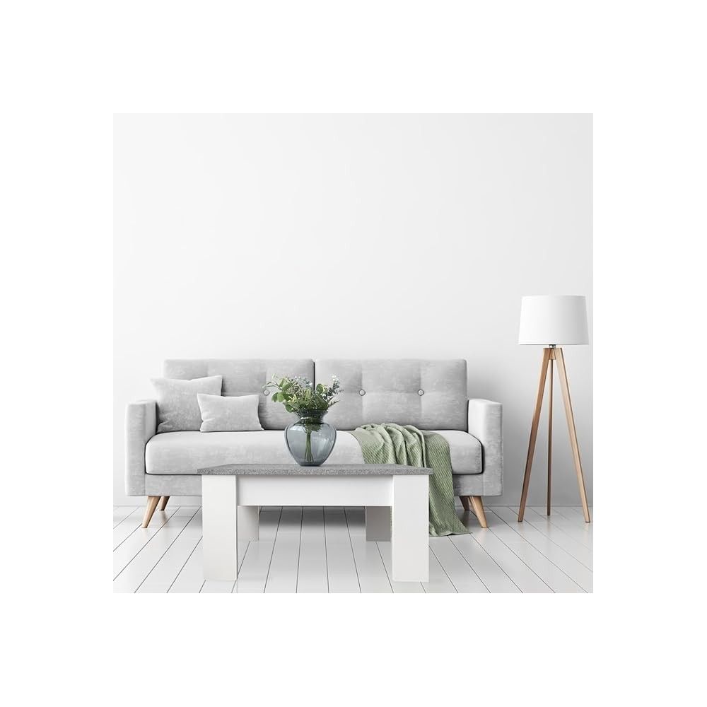 Mesa de Centro Elevable, Medidas: 90 cm x 50 cm x 46-57 cm, Acabado en Color Madera Blanca con Tapa Gris Piedra