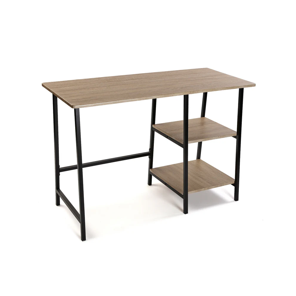 Mesa Escritorio Industrial con Estante y 2 Baldas – MDF Negro, Estructura Metálica y Roble, 110x50x75 cm