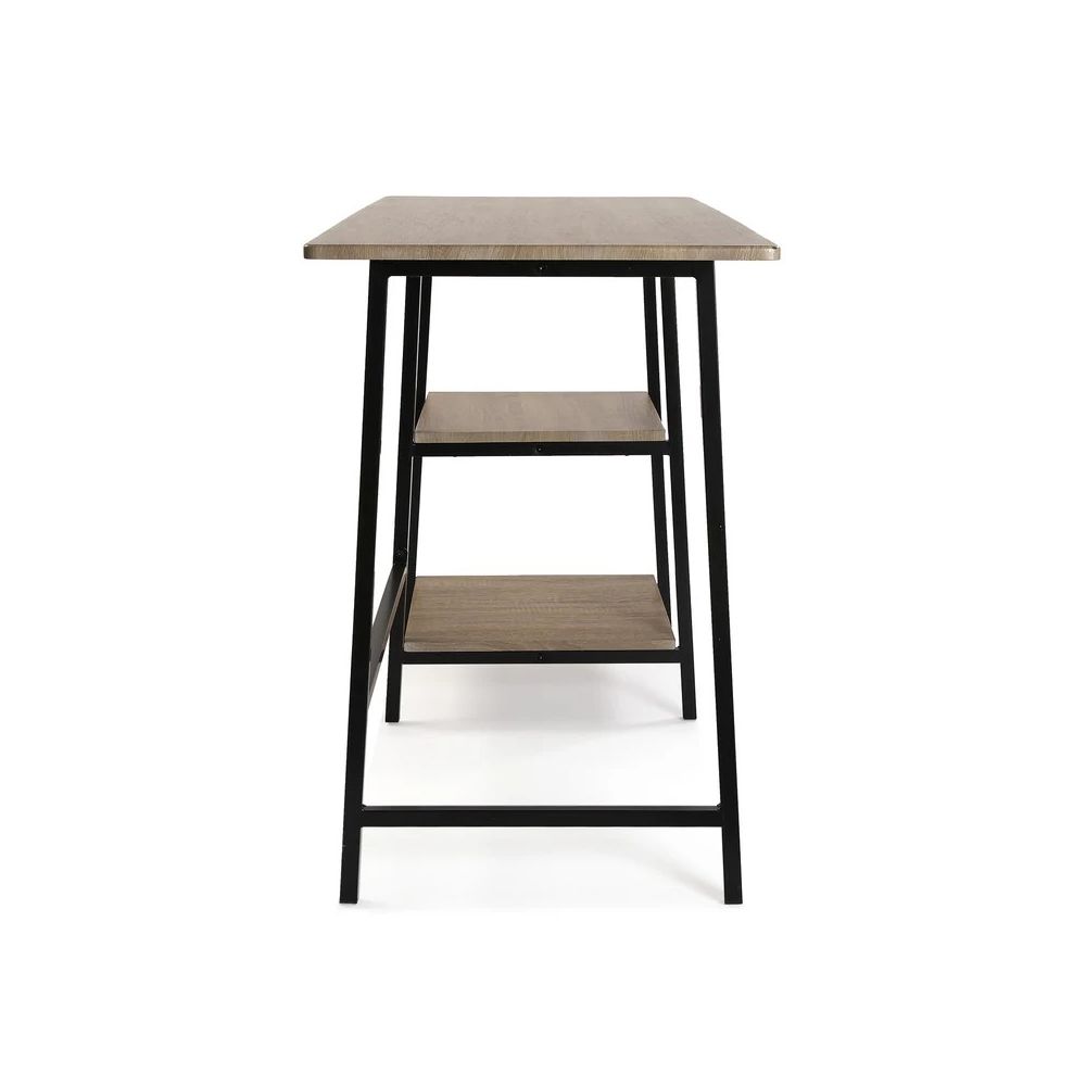 Mesa Escritorio Industrial con Estante y 2 Baldas – MDF Negro, Estructura Metálica y Roble, 110x50x75 cm