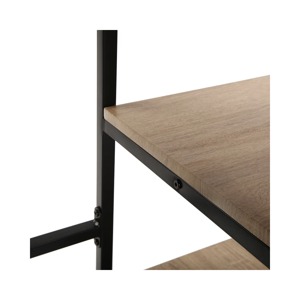 Mesa Escritorio Industrial con Estante y 2 Baldas – MDF Negro, Estructura Metálica y Roble, 110x50x75 cm