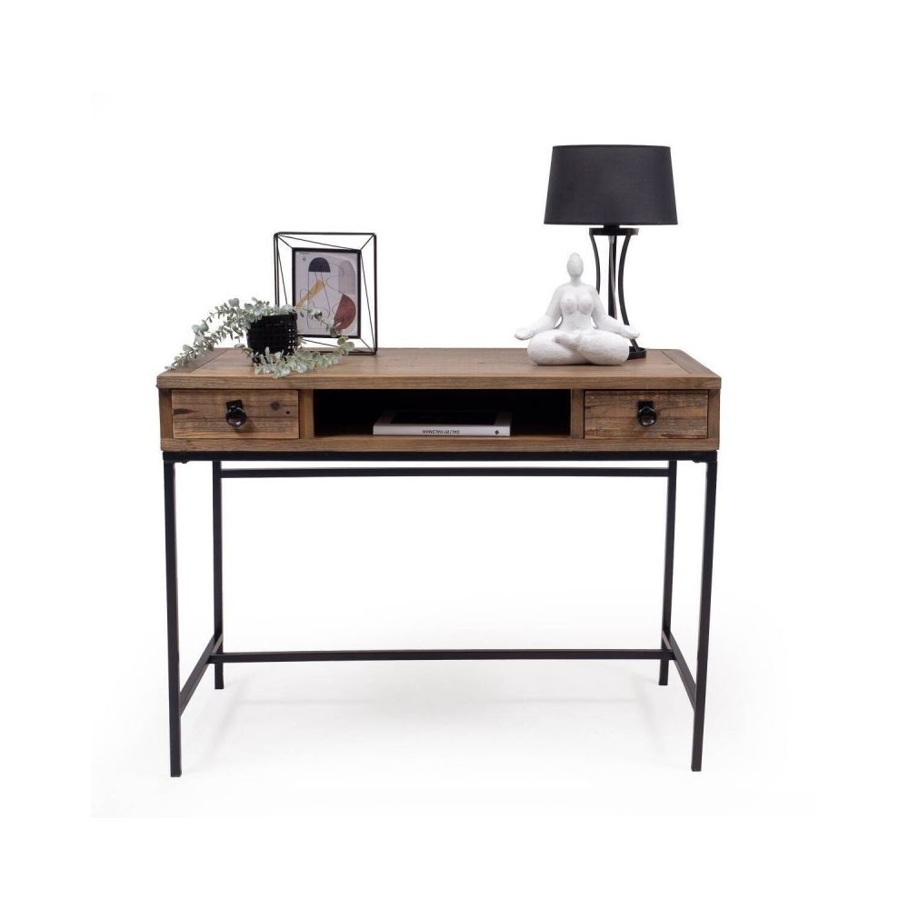 Escritorio Moderno Color Nogal con 2 Cajones y Patas Metálicas Negras – Diseño Elegante y Estable, 112x56x84 cm