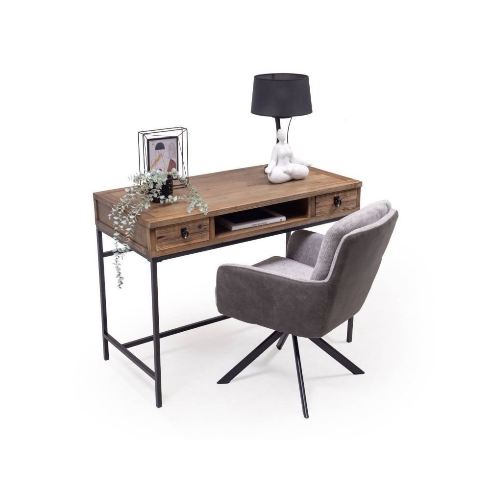 Escritorio Moderno Color Nogal con 2 Cajones y Patas Metálicas Negras – Diseño Elegante y Estable, 112x56x84 cm
