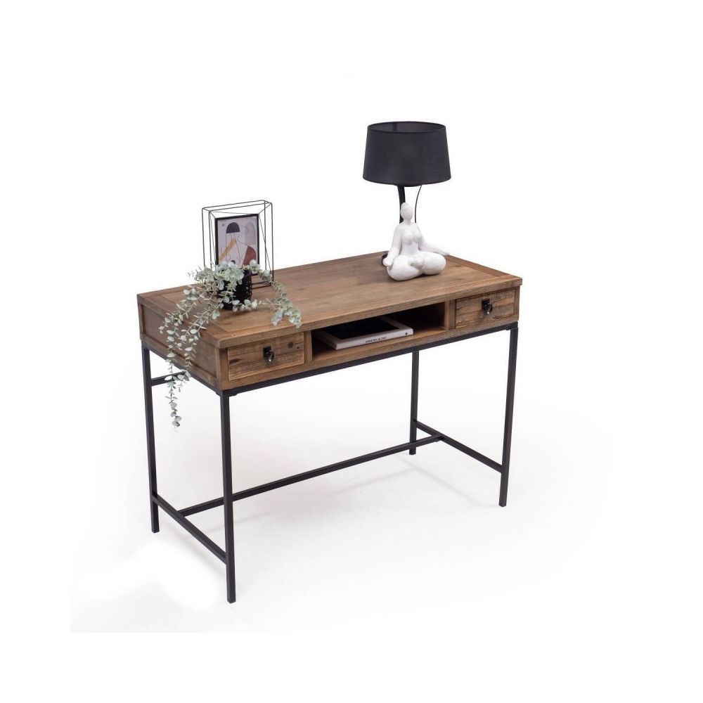Escritorio Moderno Color Nogal con 2 Cajones y Patas Metálicas Negras – Diseño Elegante y Estable, 112x56x84 cm