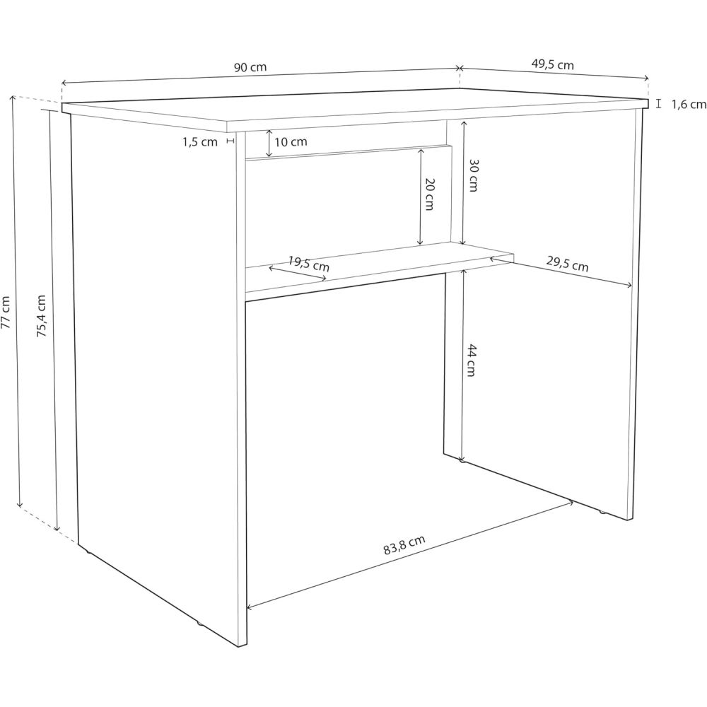 Mesa de Escritorio, Acabada en Blanco, Mesa para Pc con balda interior, Medidas: 90 cm (Ancho) x 49,5 cm (Fondo) x 77 cm (Alto)