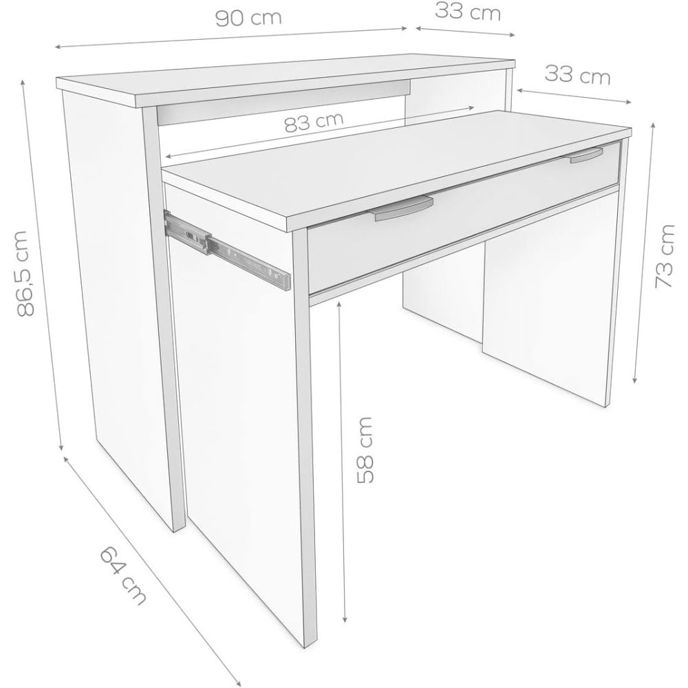 Mesa Escritorio Extensible, Consola Extensible, Color Cambria, Medidas: 90 cm (Largo) x 33-63,4 cm (Ancho) x 87,5 cm (Alto)
