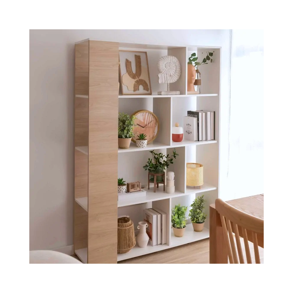 Estantería Decorativa, Librería, Acabado en Roble y Blanco, Medidas: 176 cm (Al) x 129 cm (Anc) x 28 cm (Fon)