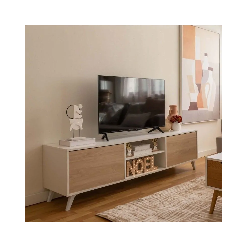 Conjunto de Salón Mueble Completo: Bajo TV, Mueble Bar, Estantería y Mueble Colgar - Estilo Roble y Blanco.