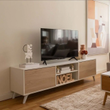 Conjunto de Salón Mueble Completo: Bajo TV, Mueble Bar, Estantería y Mueble Colgar - Estilo Roble y Blanco.