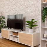 Conjunto de Salón Mueble Completo: Bajo TV, Mueble Bar, Estantería y Mueble Colgar - Estilo Roble y Blanco.