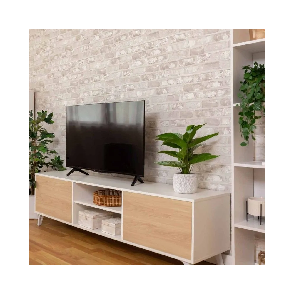 Mueble de TV de Diseño Nórdico + Modulo Alto,2 Estantes y 2 Puertas,Cambrian-Blanco, 49cm(Al) x 180cm (An) x 40cm (Fon)