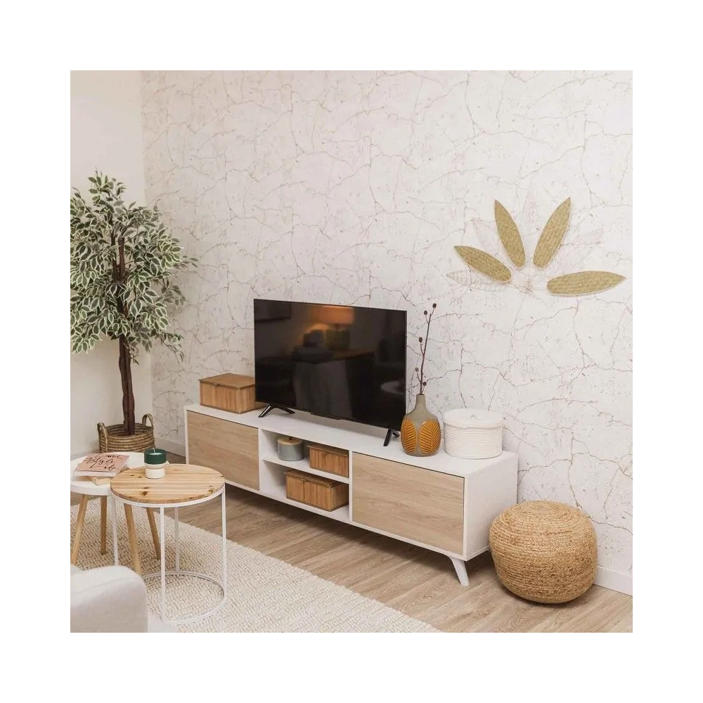 Mueble de TV de Diseño Nórdico + Modulo Alto,2 Estantes y 2 Puertas,Cambrian-Blanco, 49cm(Al) x 180cm (An) x 40cm (Fon)