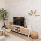 Mueble de TV de Diseño Nórdico + Modulo Alto,2 Estantes y 2 Puertas,Cambrian-Blanco, 49cm(Al) x 180cm (An) x 40cm (Fon)