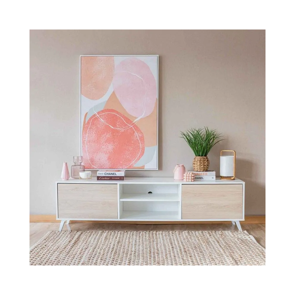 Mueble de TV de Diseño Nórdico + Modulo Alto,2 Estantes y 2 Puertas,Cambrian-Blanco, 49cm(Al) x 180cm (An) x 40cm (Fon)