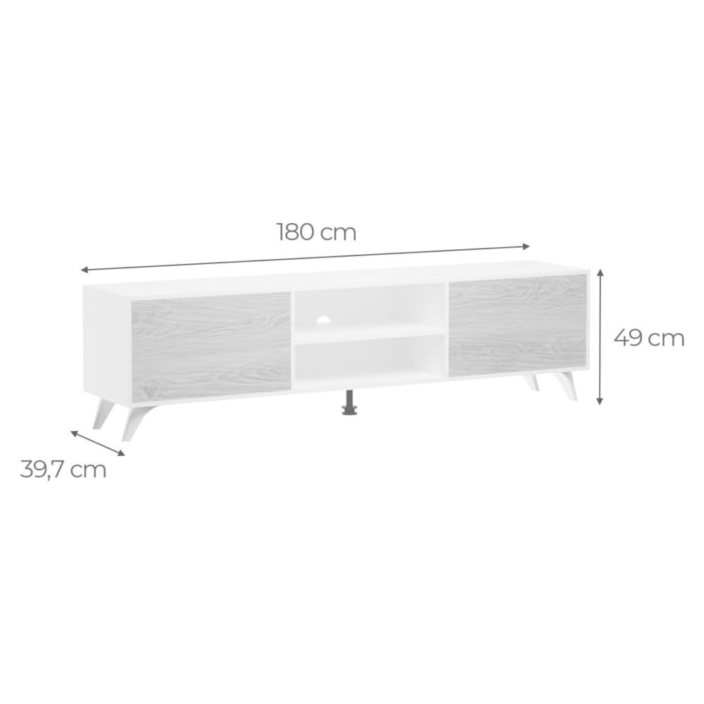 Mueble de TV de Diseño Nórdico + Modulo Alto,2 Estantes y 2 Puertas,Cambrian-Blanco, 49cm(Al) x 180cm (An) x 40cm (Fon)