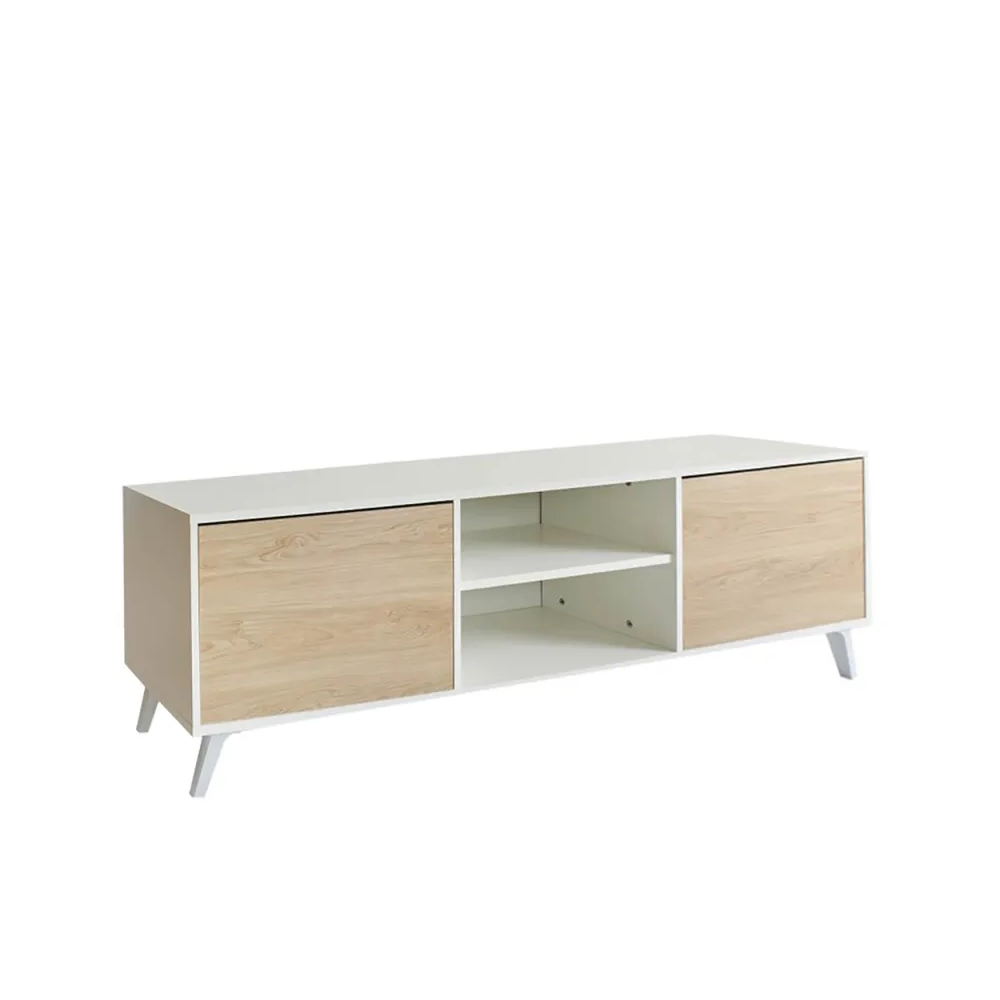 Mueble de TV de Diseño Nórdico + 2 Estantes, 2 Estantes y 2 Puertas,Cambrian-Blanco, 49cm(Al) x 180cm (Anc) x 40cm (Fon)
