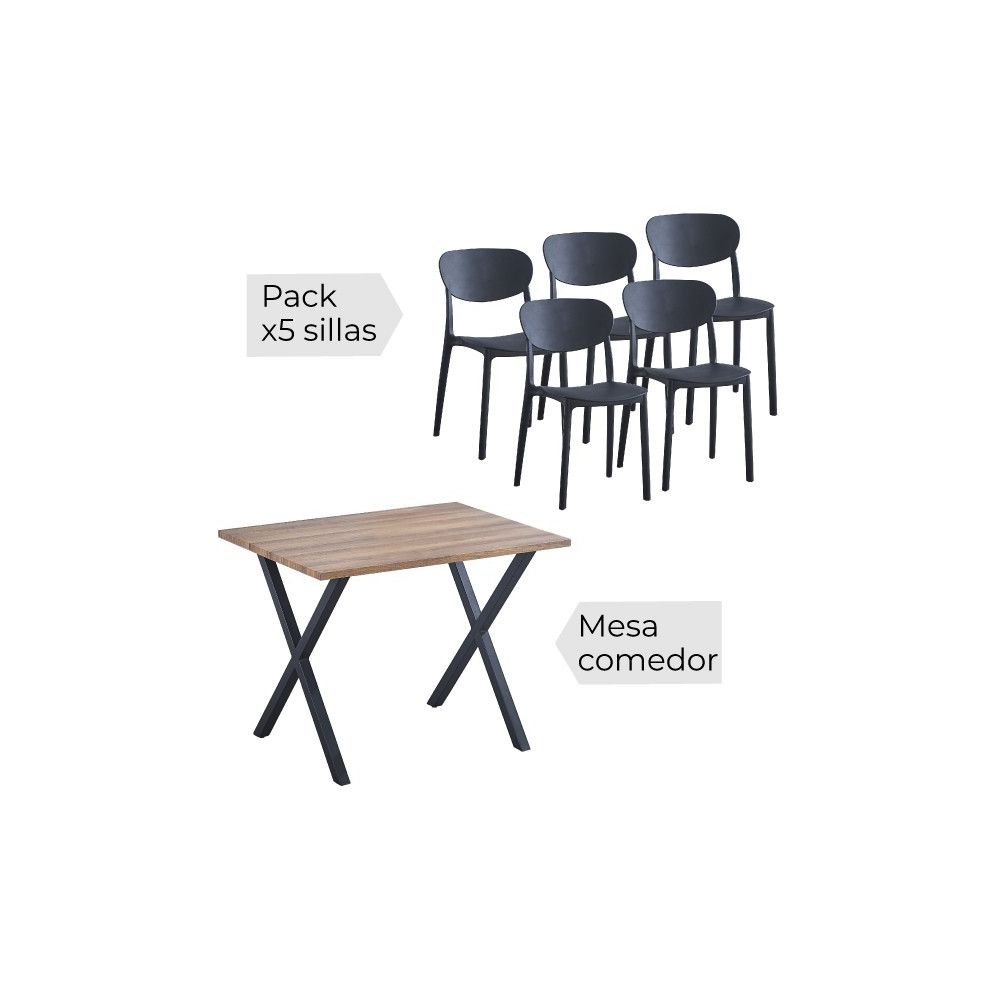 Conjunto Mesa y Sillas Comedor/Cocina: Mesa madera y Patas Metálicas En Negro (76x100x70 Cm) + 5 Sillas (80x40x55 Cm)