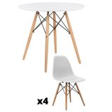 Conjunto Mesa y Sillas Nórdicas: Mesa Blanca (80x80x76 cm) + 4 Sillas con Patas de Madera Haya (46,5 x 48 x 82 cm)