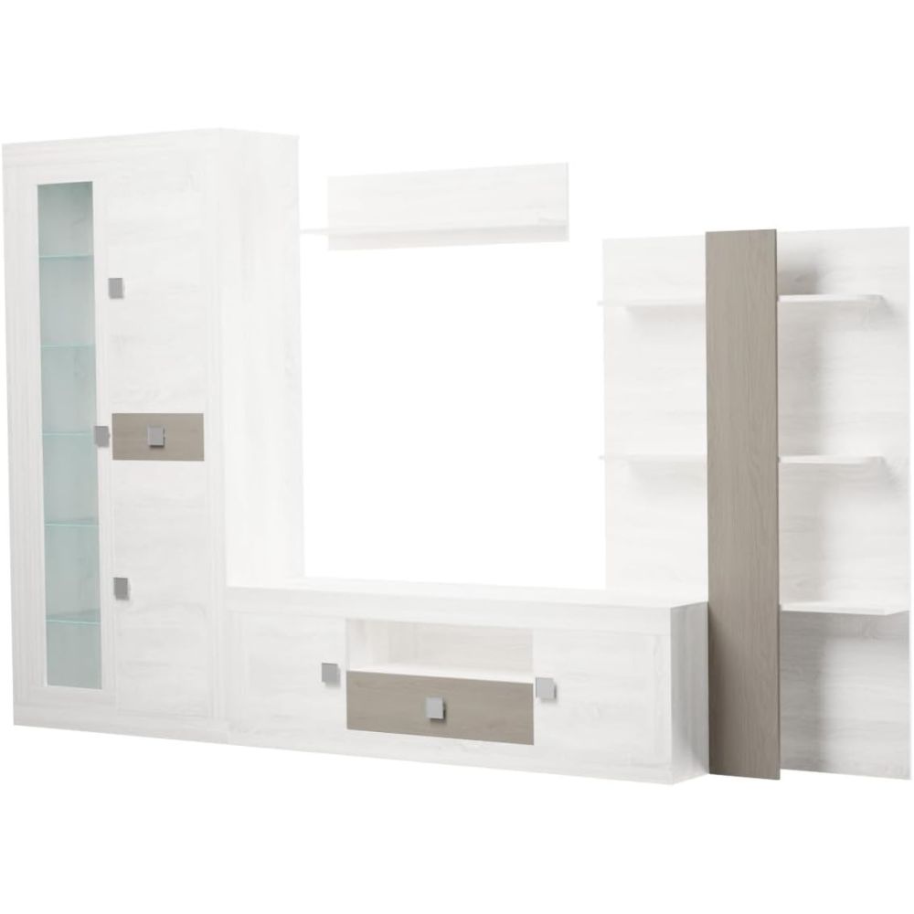 Mueble de Salón Moderno con Leds, Acabado en Andersen Pino -Gris, Medidas: 300 cm (Anc) x 200 cm (Al) 40 cm (Fon)