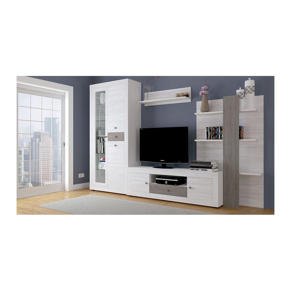 Mueble de Salón Moderno con Leds, Acabado en Andersen Pino -Gris, Medidas: 300 cm (Anc) x 200 cm (Al) 40 cm (Fon)