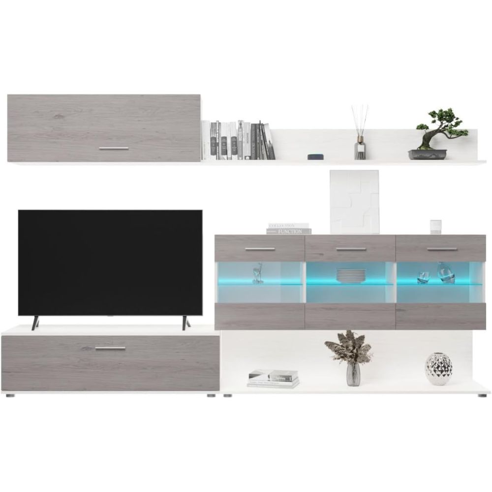 Mueble de Salón con Leds, Acabado en Andersen Pino - Gris, Medidas: 250 cm (Anc) x 115 cm (Al) 40 cm (Fon)