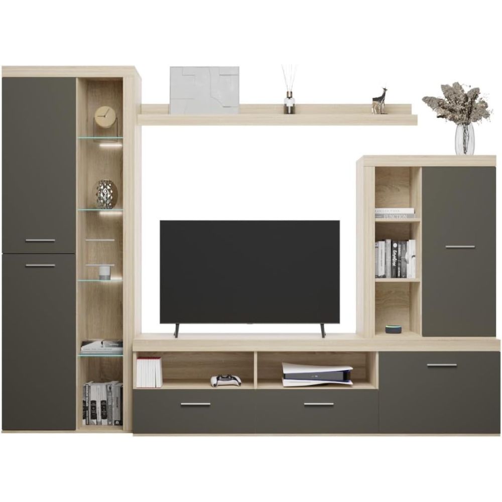 Mueble de Salón Moderno con Leds, Acabado en Cambria - Grafito, Medidas: 260 cm (Ancho) x 191 cm (Alto) 47,5 cm (Fondo)