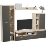 Mueble de Salón Moderno con Leds, Acabado en Cambria - Grafito, Medidas: 260 cm (Ancho) x 191 cm (Alto) 47,5 cm (Fondo)