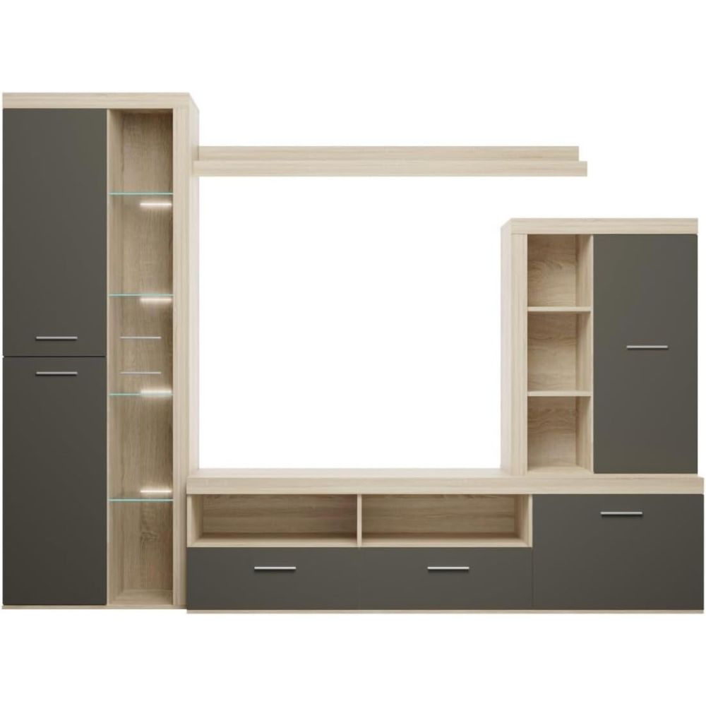 Mueble de Salón Moderno con Leds, Acabado en Cambria - Grafito, Medidas: 260 cm (Ancho) x 191 cm (Alto) 47,5 cm (Fondo)