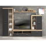Mueble de Salón Moderno con Leds, Acabado en Cambria - Grafito, Medidas: 260 cm (Ancho) x 191 cm (Alto) 47,5 cm (Fondo)