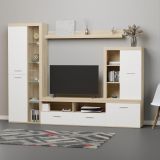 Mueble de Salón Moderno con Leds, Acabado en Cambria - Blanco, Medidas: 260 cm (Ancho) x 191 cm (Alto) 47,5 cm (Fondo)