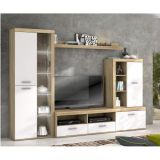 Mueble de Salón Moderno con Leds, Acabado en Cambria - Blanco, Medidas: 260 cm (Ancho) x 191 cm (Alto) 47,5 cm (Fondo)