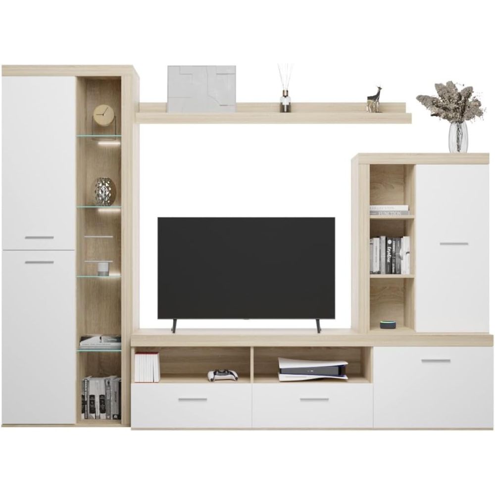 Mueble de Salón Moderno con Leds, Acabado en Cambria - Blanco, Medidas: 260 cm (Ancho) x 191 cm (Alto) 47,5 cm (Fondo)