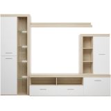 Mueble de Salón Moderno con Leds, Acabado en Cambria - Blanco, Medidas: 260 cm (Ancho) x 191 cm (Alto) 47,5 cm (Fondo)