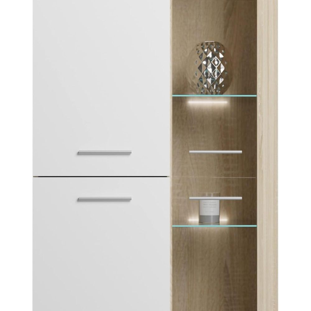 Mueble de Salón Moderno con Leds, Acabado en Cambria - Blanco, Medidas: 260 cm (Ancho) x 191 cm (Alto) 47,5 cm (Fondo)